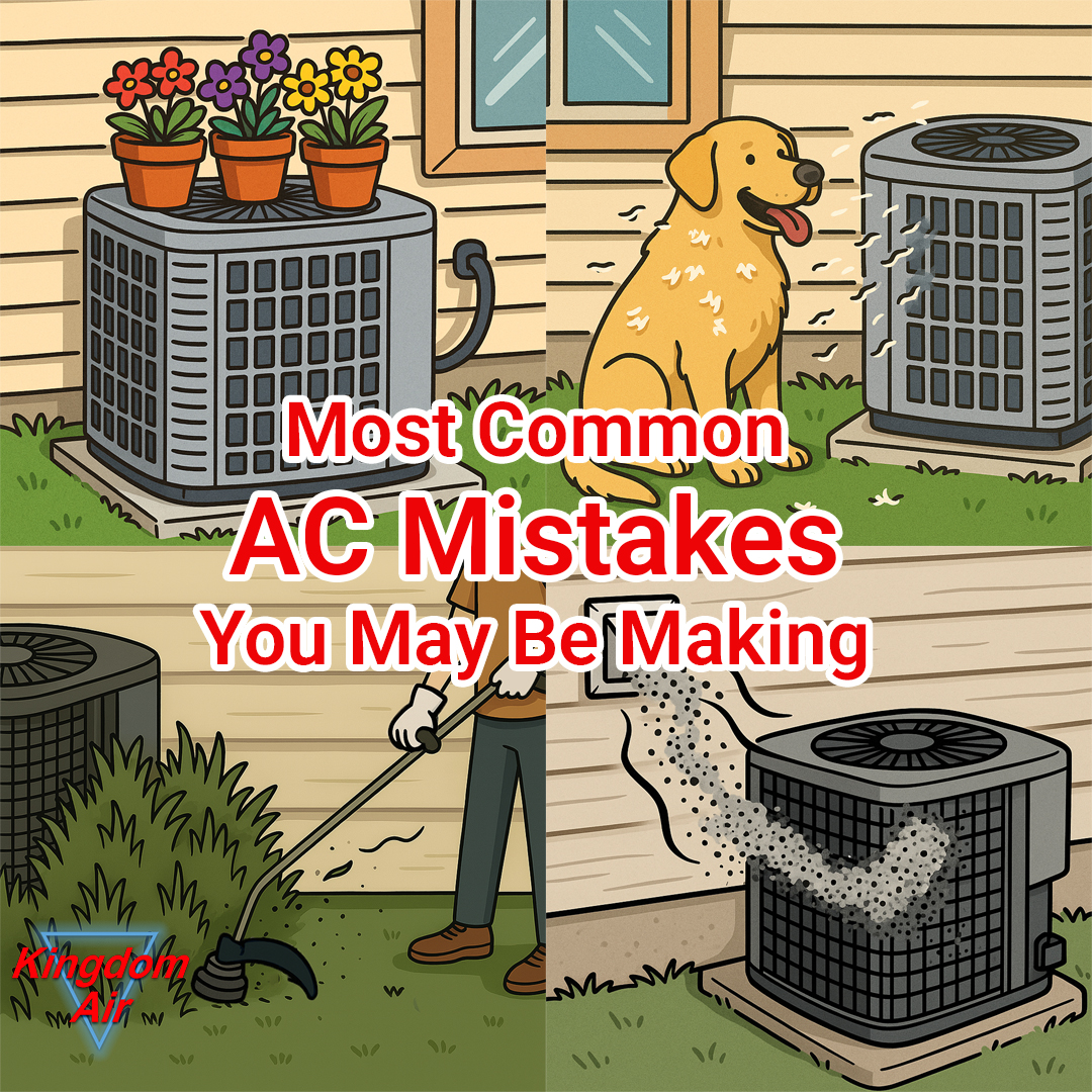 An image of the top AC mistakes you may be making, from allowing plants to overgrow around your system, to putting items on top of your system and blocking airflow.