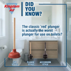 An educational plumbing infographic from Kingdom Air titled 'Did You Know' comparing three types of plungers: a classic red cup plunger, a black flange plunger, and a plastic accordion plunger. The graphic explains that the flat red plunger is actually the worst choice for toilets.