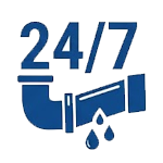 Blue icon of a leaking pipe with 24/7 message, representing Kingdom Air's 24/7 emergency plumbing repair services in Southern Indiana.