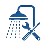 Blue icon featuring a wrench and screwdriver crossed over a showerhead, representing Kingdom Air's professional plumbing fixture installation and repair in Southwest Indiana.
