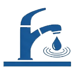 Blue icon of a kitchen sink faucet dripping water, representing Kingdom Air's expert leak detection and repair in Southwest Indiana.